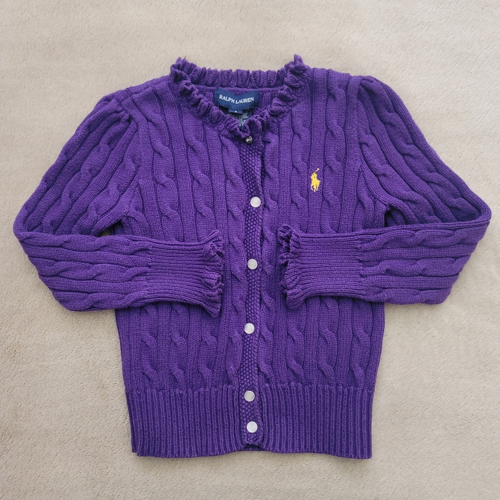 Ralph Lauren Girl Purple Cable Knit Sweater w/Ruffle Neck/Sleeve Size 4